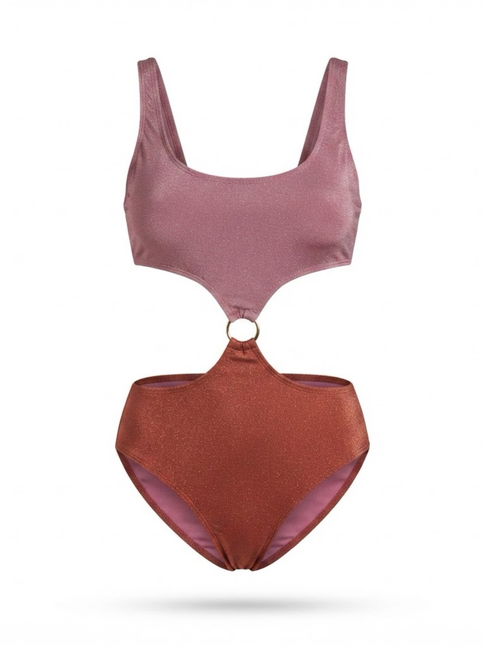 No Boundaries Two-Tone Metallic Cutout One-Piece Swimsuit - Rose Pink & Copper